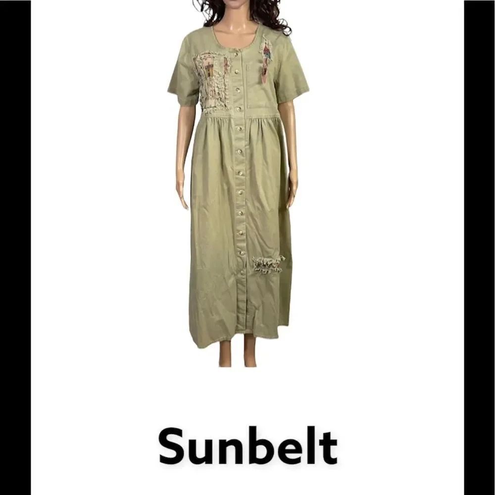 Sunbelt Vintage 80’s Green Patchwork Button Front Short Sleeve Maxi Dress S
